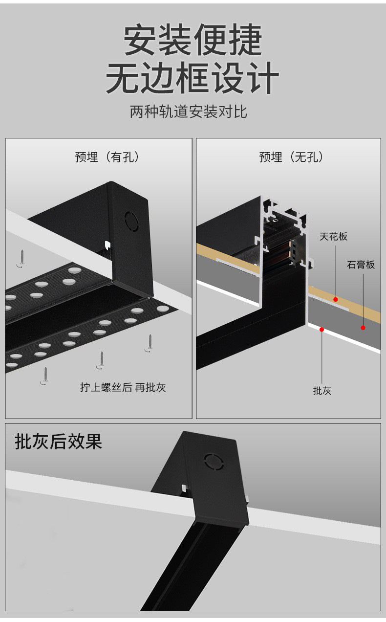 LED无主灯智能家用嵌入式暗装明装客厅照明预埋黑色48V 磁吸轨道灯(图6)