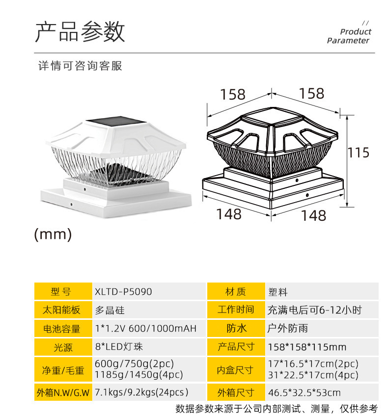 新品太阳能柱头灯 8LED一灯双色户外庭院花园景观 柱子灯(图21)