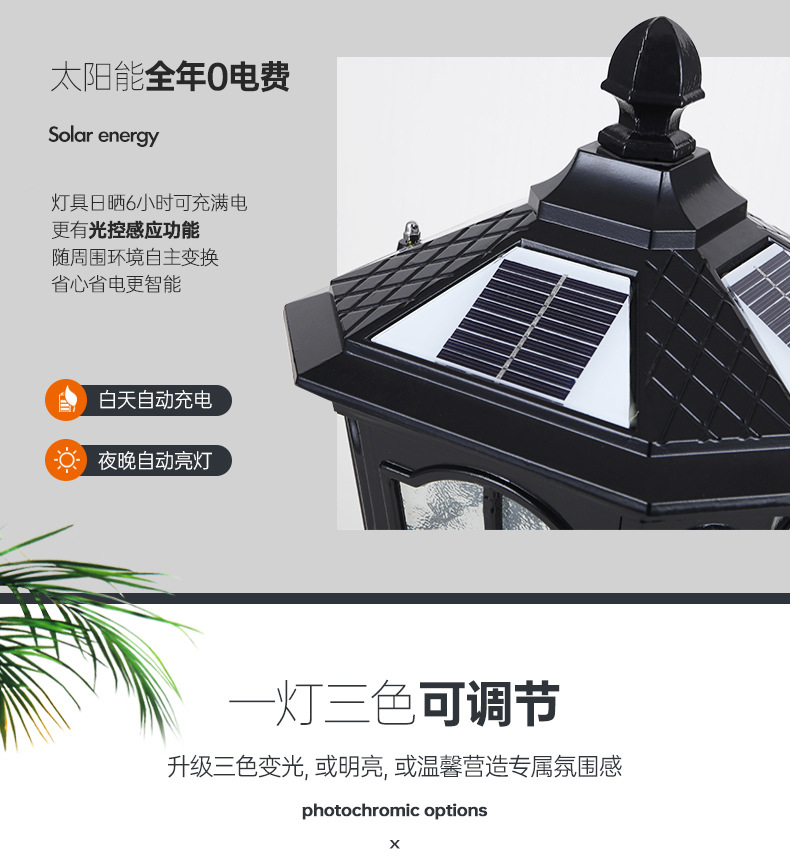 柱头灯太阳能户外防水庭院花园家用别墅墙头围墙大门灯中式门柱灯(图6)