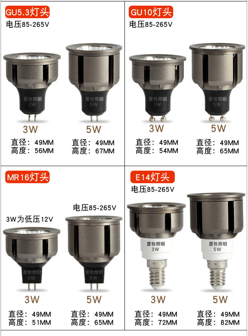 GU10灯杯3W5Wled MR16低压12V聚光GU5.3插 脚E14射 灯(图12)